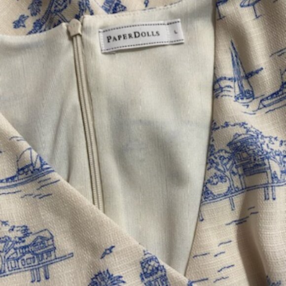 PAPER DOLLS Womens Reggie Dress Toile Print Cream Blue Size L Feminine Coquette - Picture 9 of 10